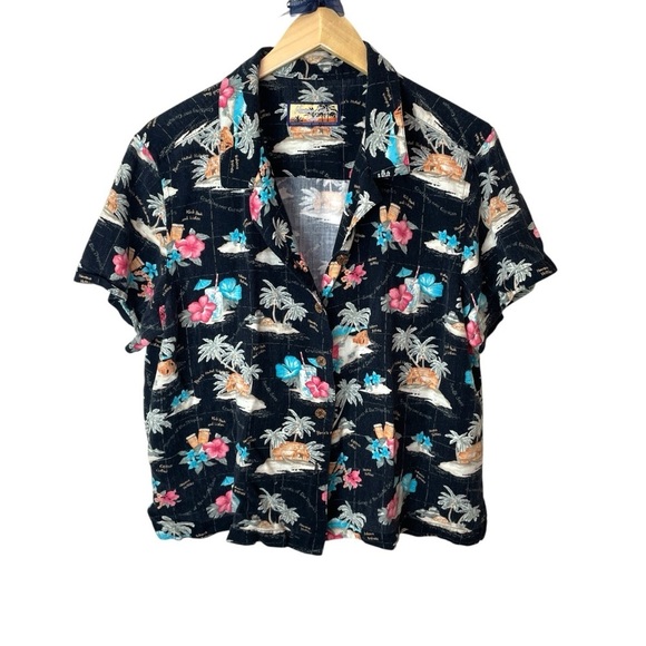 Havana Jacks Cafe Button Up Shirt Hawaiian Vacation Palms & Flowers Vintage - Picture 2 of 9